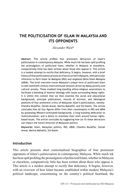 THE POLITICISATION of ISLAM in MALAYSIA and ITS OPPONENTS Alexander Wain*