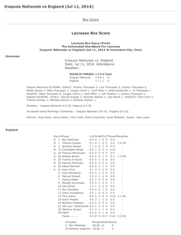 Iroquois Nationals Vs England (Jul 11, 2014) Lacrosse Box Score