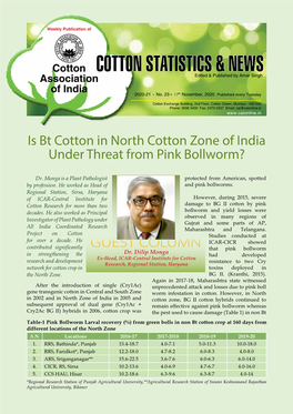Is Bt Cotton in North Cotton Zone of India Under Threat from Pink Bollworm?