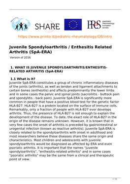 Juvenile Spondyloarthritis / Enthesitis Related Arthritis (Spa-ERA) Version of 2016