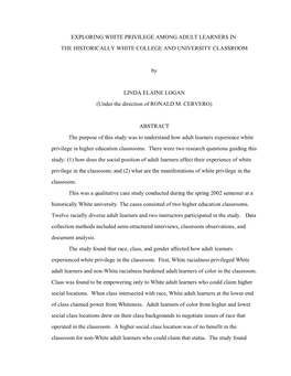 Exploring White Privilege Among Adult Learners in the Historically White College and University Classroom