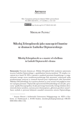 Mikołaj Zebrzydowski Jako Nauczyciel Buntów W Dramacie Ludwika Orpiszewskiego