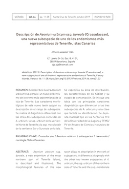 Descripción De Aeonium Urbicum Ssp. Boreale (Crassulaceae), Una Nueva Subespecie De Uno De Los Endemismos Más Representativos De Tenerife, Islas Canarias