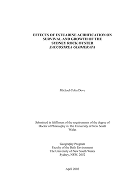 Effects of Estuarine Acidification on Survival and Growth of the Sydney Rock Oyster Saccostrea Glomerata