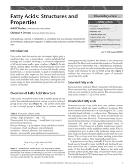 Fatty Acids: Structures and Introductory Article Properties Article Contents