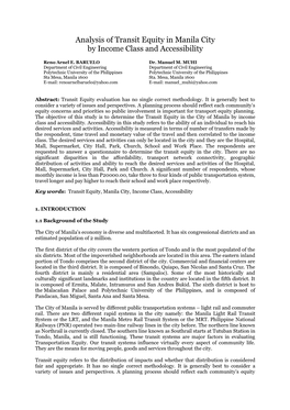 Analysis of Transit Equity in Manila by Income Class and Accessibility