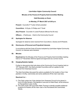 Llanrhidian Higher Community Council Minutes of the Finance