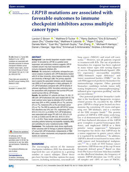 LRP1B Mutations Are Associated with Favorable Outcomes to Immune Checkpoint Inhibitors Across Multiple Cancer Types