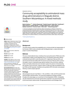 Community Acceptability to Antimalarial Mass Drug Administrations in Magude District, Southern Mozambique: a Mixed Methods Study