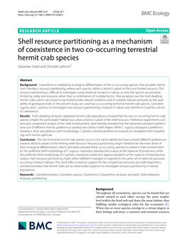 Shell Resource Partitioning As a Mechanism of Coexistence in Two Co‑Occurring Terrestrial Hermit Crab Species Sebastian Steibl and Christian Laforsch*