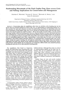 Postbreeding Movements of the Dark Gopher Frog, Rana Sevosa Goin and Netting: Implications for Conservation and Management