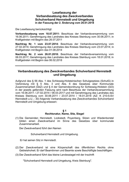 Lesefassung Der Verbandssatzung Des Zweckverbandes Schulverband Hennstedt Und Umgebung in Der Fassung Der 2