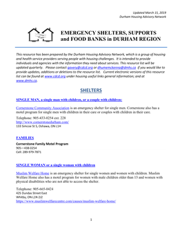 SHELTERS EMERGENCY SHELTERS, SUPPORTS and FOOD BANKS in DURHAM REGION