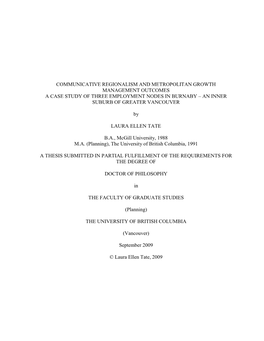 Communicative Regionalism and Metropolitan Growth Management Outcomes a Case Study of Three Employment Nodes in Burnaby – an Inner Suburb of Greater Vancouver