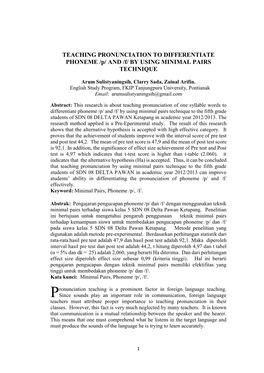 TEACHING PRONUNCIATION to DIFFERENTIATE PHONEME /P/ and /F/ by USING MINIMAL PAIRS TECHNIQUE