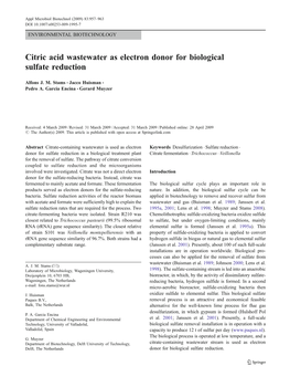 Citric Acid Wastewater As Electron Donor for Biological Sulfate Reduction