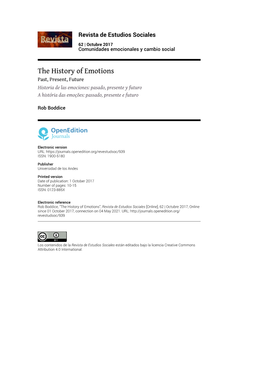 The History of Emotions Past, Present, Future Historia De Las Emociones: Pasado, Presente Y Futuro a História Das Emoções: Passado, Presente E Futuro