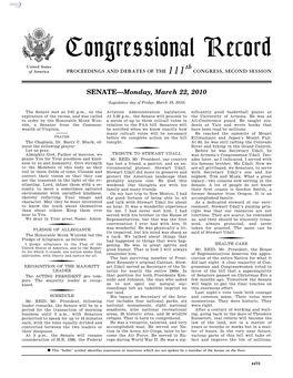 Congressional Record United States Th of America PROCEEDINGS and DEBATES of the 111 CONGRESS, SECOND SESSION