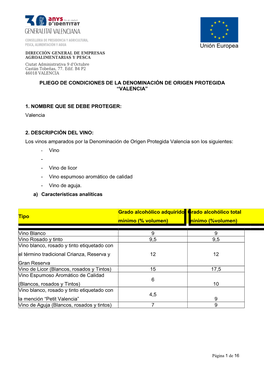 Pliego De Condiciones D.O. Valencia