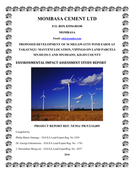 Mombasa Cement Limited EIA Study Report for Proposed Wind Farm