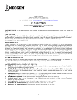 Clenbuterol Elisa Kit Instructions Product #101219 & 101216 Forensic Use Only