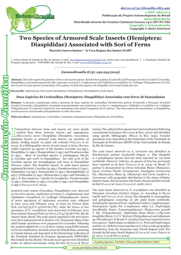 Two Species of Armored Scale Insects (Hemiptera: Diaspididae) Associated with Sori of Ferns Marcelo Guerra Santos¹ & Vera Regina Dos Santos Wolff²