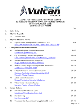 REGULAR MEETING of COUNCIL to BE HELD in the TOWN of VULCAN COUNCIL CHAMBERS on MONDAY, MARCH 8, 2021 COMMENCING at 7:00 PM Page