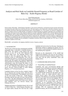 Analysis and Risk Study on Landslide Hazard Frequency at Road Corridor of Batu City – Kediri Regency Border