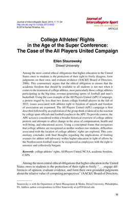 College Athletes' Rights in the Age of the Super Conference: the Case of the All Players United Campaign