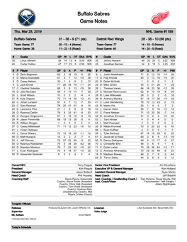 Buffalo Sabres Game Notes