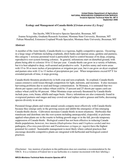 Ecology and Management of Canada Thistle [Cirsium Arvense (L.) Scop