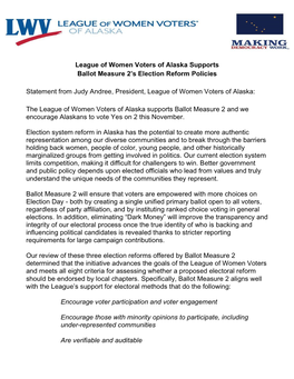 League of Women Voters of Alaska Supports Ballot Measure 2'S