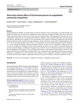 Short-Term Toxicity Effects of Prymnesium Parvum on Zooplankton Community Composition; Aquatic Sciences; Witt Et Al.; University of Oklahoma; Dhambright@Ou.Edu