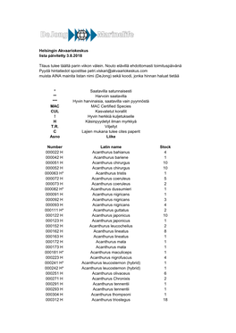 Helsingin Akvaariokeskus Lista Päivitetty 3.8.2018 Tilaus Tulee