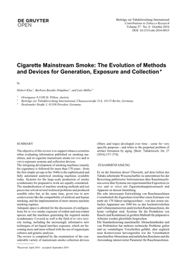 Cigarette Mainstream Smoke: the Evolution of Methods and Devices for Generation, Exposure and Collection * By