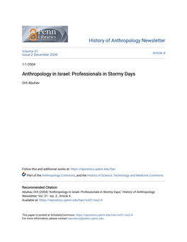 Anthropology in Israel: Professionals in Stormy Days