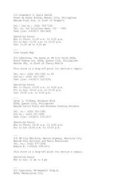 2/L Greenbelt 3, Ayala Center Paseo De Roxas Avenue, Makati City, Philippines Beside First Aid, in Front of Grappa's Tel./ Fax No.: (632) 729-7128 Tel