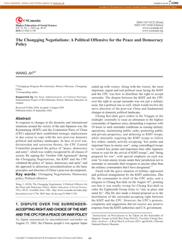 The Chongqing Negotiations: a Political Offensive for the Peace and Democracy Policy