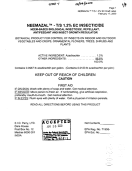 U.S. EPA, Pesticide Product Label, NEEMAZAL T/S 1.2%EC