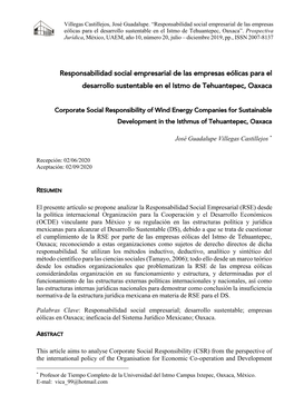 Responsabilidad Social Empresarial De Las Empresas Eólicas Para El Desarrollo Sustentable En El Istmo De Tehuantepec, Oaxaca”