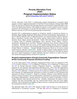 Program Implementation Status (As of 16 November 2010 and FY 2010/11)