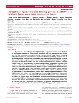 (HABP4): a Candidate Tumor Suppressor in Colorectal Cancer