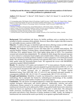 A Critical Systematic Review and Meta-Analyses of Risk Factors for Fertility Problems in a Globalized World