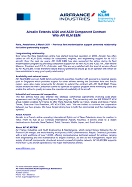 Aircalin Extends A320 and A330 Component Contract with AFI KLM E&M