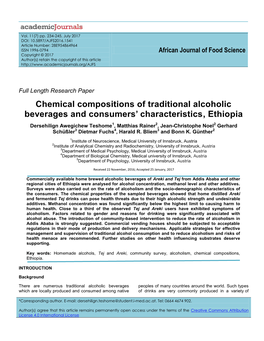 Chemical Compositions of Traditional Alcoholic Beverages and Consumers’ Characteristics, Ethiopia