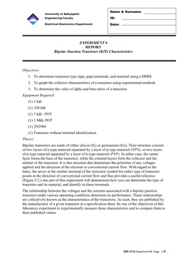 EXPERIMENT 6 REPORT Bipolar Junction Transistor (BJT) Characteristics