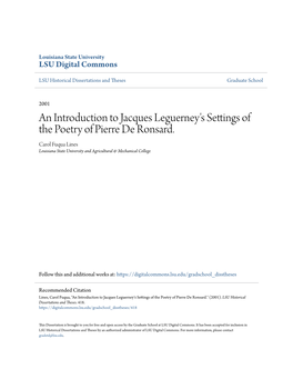 An Introduction to Jacques Leguerney's Settings of the Poetry of Pierre De Ronsard