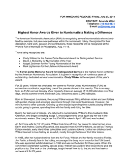 Highest Honor Awards Given to Numismatists Making a Difference