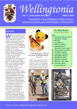 Wellingtonia Issue 7 : Second Quarter 2010 FREE ISSUE! Newsletter of the Wellington History Group, Rediscovering the Past of Wellington in Shropshire