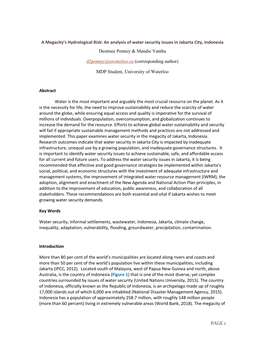 An Analysis of Water Security Issues in Jakarta City, Indonesia Destinee Penney & Mandie Yantha